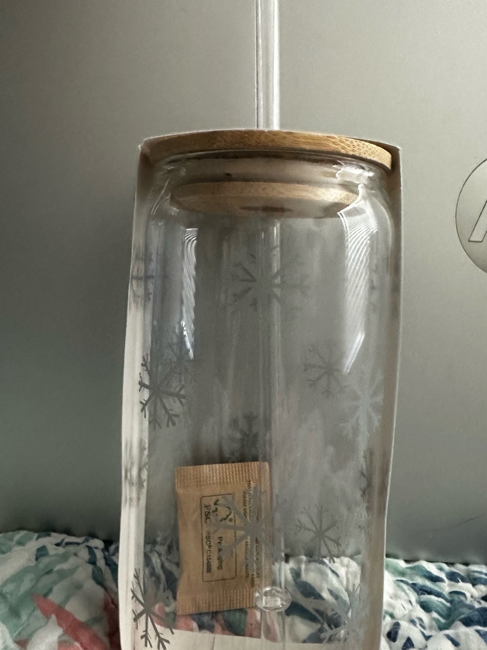 New Glass Canister with Snowflake Etching and Wood Lid